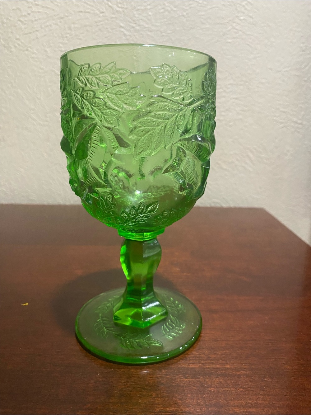 Vintage,Madonna Inn, Emerald Green Depression Glass Goblet w/ Ornate Raised Rose